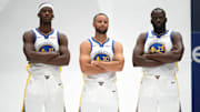 Sep 29, 2025; San Francisco, CA, USA: Golden State Warriors guard Stephen Curry (30), forward Draymond Green (23), and forward Jimmy Butler III (10) pose for a photo during Media Day at the Chase Center. Mandatory Credit: Cary Edmondson-Imagn Images