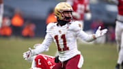 Dec 28, 2024; Bronx, NY, USA; Boston College Eagles wide receiver Lewis Bond (11) reacts during the second half against the Nebraska Cornhuskers at Yankee Stadium. Mandatory Credit: Vincent Carchietta-Imagn Images