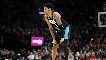 Jan 10, 2023; Portland, Oregon, USA; Portland Trail Blazers shooting guard Anfernee Simons (1) looks on during the second half against the Orlando Magic at Moda Center. Mandatory Credit: Soobum Im-Imagn Images