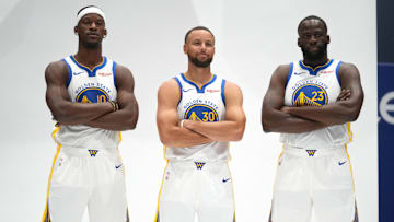 Sep 29, 2025; San Francisco, CA, USA: Golden State Warriors guard Stephen Curry (30), forward Draymond Green (23), and forward Jimmy Butler III (10) pose for a photo during Media Day at the Chase Center. Mandatory Credit: Cary Edmondson-Imagn Images