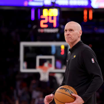May 19, 2024; New York, New York, USA; Indiana Pacers head coach Rick Carlisle holds a basketball during a time out during the fourth quarter of game seven of the second round of the 2024 NBA playoffs against the New York Knicks at Madison Square Garden. Mandatory Credit: Brad Penner-USA TODAY Sports