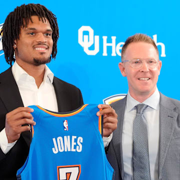 Dillon Jones stands with Thunder general manager Sam Presti during an introductory press conference for the 2024 Thunder draft picks at Oklahoma Contemporary Arts Center in Oklahoma City, Saturday, June, 29, 2024.