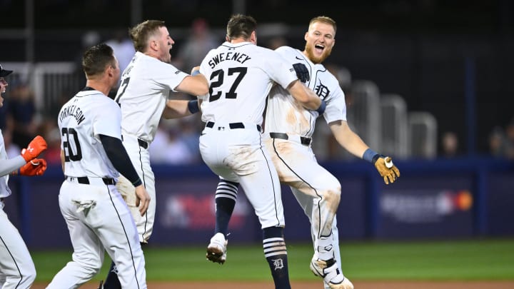 Aug 18, 2024; Williamsport, Pennsylvania, USA; Detroit Tigers outfielder Parker Meadows (22) celebrates with teammates after hitting a walk-off single against the New York Yankees at BB&T Ballpark at Historic Bowman Field.