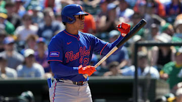 Apr 13, 2025; West Sacramento, California, USA; New York Mets right fielder Juan Soto (22) bats against the Athletics during the first inning at Sutter Health Park. Mandatory Credit: Darren Yamashita-Imagn Images