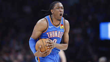 Mar 8, 2024; Oklahoma City, Oklahoma, USA; Oklahoma City Thunder forward Jalen Williams (8) reacts after an officials call against him following a play against the Miami Heat during the second half at Paycom Center. Mandatory Credit: Alonzo Adams-Imagn Images
