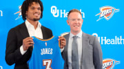 Dillon Jones stands with Thunder general manager Sam Presti during an introductory press conference for the 2024 Thunder draft picks at Oklahoma Contemporary Arts Center in Oklahoma City, Saturday, June, 29, 2024.