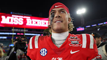 Jan 2, 2025; Jacksonville, FL, USA; Mississippi Rebels quarterback Jaxson Dart (2) celebrates after beating the Duke Blue Devils in the Gator Bowl at EverBank Stadium. 