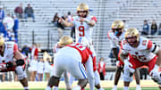 Nov 8, 2025; Chestnut Hill, Massachusetts, USA; Boston College Eagles quarterback Dylan Lonergan (9) signals at the line of scrimmage during the second half against the Southern Methodist University Mustangs at Alumni Stadium. Mandatory Credit: Eric Canha-Imagn Images