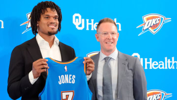 Dillon Jones stands with Thunder general manager Sam Presti during an introductory press conference for the 2024 Thunder draft picks at Oklahoma Contemporary Arts Center in Oklahoma City, Saturday, June, 29, 2024.