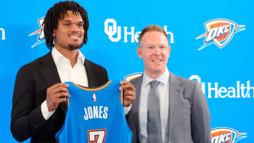 Dillon Jones stands with Thunder general manager Sam Presti during an introductory press conference for the 2024 Thunder draft picks at Oklahoma Contemporary Arts Center in Oklahoma City, Saturday, June, 29, 2024.