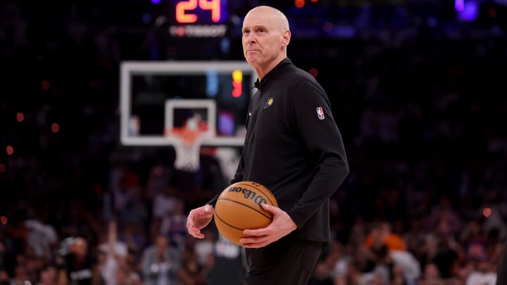 May 19, 2024; New York, New York, USA; Indiana Pacers head coach Rick Carlisle holds a basketball during a time out during the fourth quarter of game seven of the second round of the 2024 NBA playoffs against the New York Knicks at Madison Square Garden. Mandatory Credit: Brad Penner-USA TODAY Sports