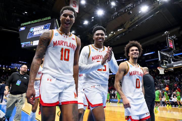 Maryland Terrapins forward Julian Reese, center Derik Queen, and guard Ja'Kobi Gillespie after defeating Colorado State.