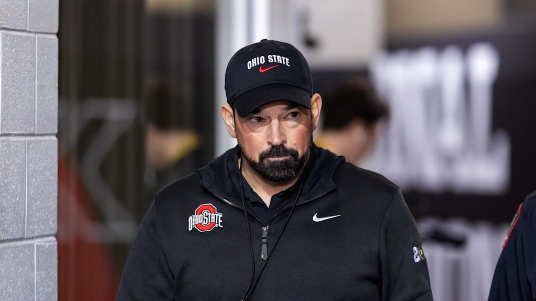 Jan 20, 2025; Atlanta, GA, USA; Ohio State Buckeyes head coach Ryan Day against the Notre Dame Fighting Irish during the CFP National Championship college football game at Mercedes-Benz Stadium. Mandatory Credit: Mark J. Rebilas-Imagn Images