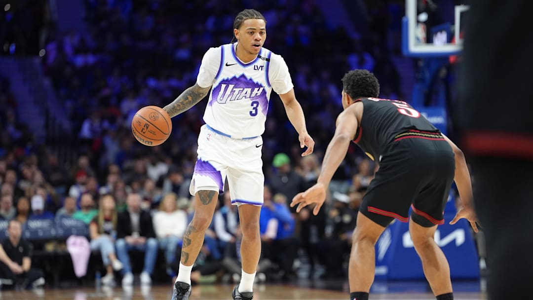 Mar 4, 2026; Philadelphia, Pennsylvania, USA; Utah Jazz guard Keyonte George (3) controls the ball against the Philadelphia 76ers in the third quarter at Xfinity Mobile Arena. Mandatory Credit: Kyle Ross-Imagn Images