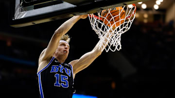 BYU's Richie Saunders finishes at the rim vs the Alabama Crimson Tide