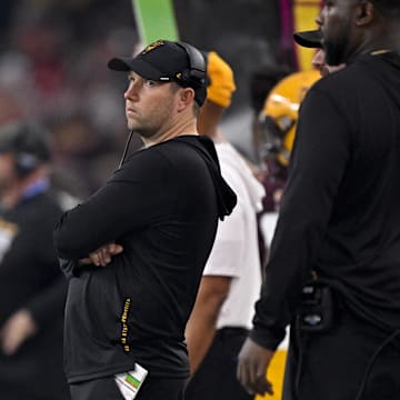 Dec 7, 2024; Arlington, TX, USA; Arizona State Sun Devils head coach Kenny Dillingham during the game between the Iowa State Cyclones and the Arizona State Sun Devils at AT&T Stadium. Mandatory Credit: Jerome Miron-Imagn Images