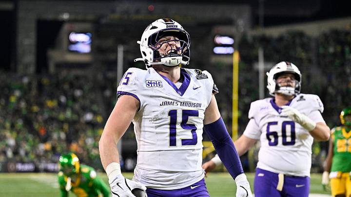 Dec 20, 2025; Eugene, OR, USA;  James Madison Dukes tight end Lacota Dippre (15) celebrates after scoring a touchdown during the fourth quarter against the Oregon Ducks at Autzen Stadium. Mandatory Credit: Craig Strobeck-Imagn Images