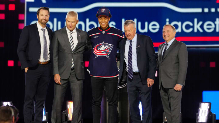 Jun 28, 2024; Las Vegas, Nevada, USA; Cayden Lindstrom is selected with the 4th overall pick in the first round of the 2024 NHL Draft by the Columbus Blue Jackets at The Sphere. Mandatory Credit: Stephen R. Sylvanie-USA TODAY Sports