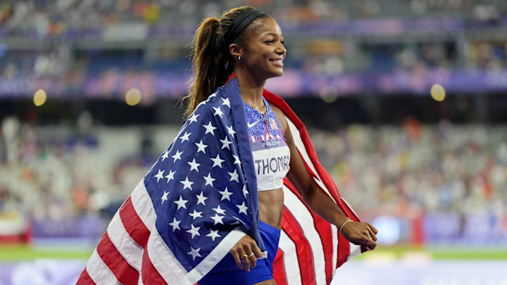 Gabrielle Thomas (USA) celebrates after winning the womenís 4x400m relay final during the Paris 2024 Olympic Summer Games at Stade de France. 