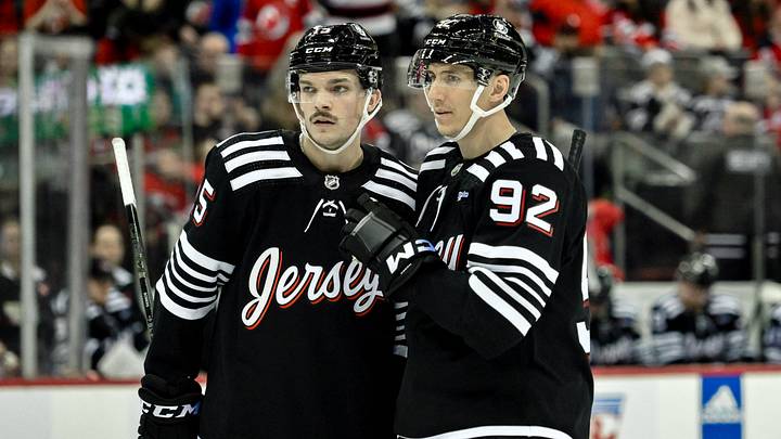 New Jersey Devils center Shane Bowers (15) and New Jersey Devils left wing Tomas Nosek (92) talk during a break in the action in the second period against the Nashville Predators at Prudential Center. Mandatory Credit: John Jones-USA TODAY Sports