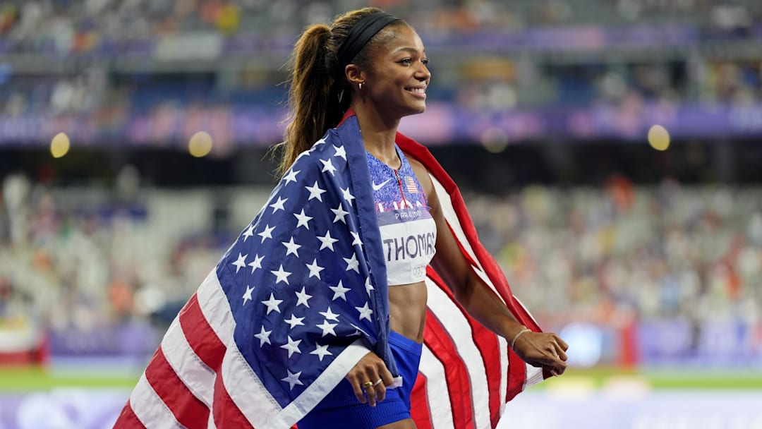 Gabby Thomas (USA) celebrates after winning the women's 4x400m relay final at the Paris 2024 Olympic Summer Games 