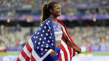 Gabby Thomas (USA) celebrates after winning the women's 4x400m relay final at the Paris 2024 Olympic Summer Games 