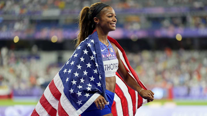 Gabby Thomas (USA) celebrates after winning the women's 4x400m relay final at the Paris 2024 Olympic Summer Games 