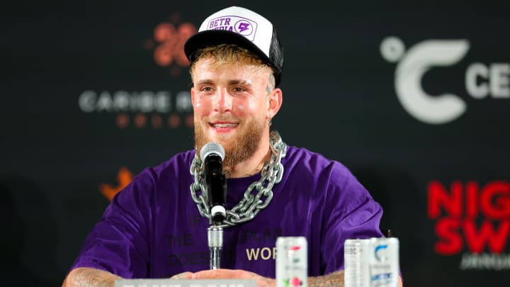 Dec 15, 2023; Orlando, Florida, USA;  Jake Paul gives a press conference after knocking out Andre August in the first round at the Caribe Royale Orlando. 