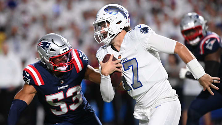 Oct 5, 2025; Orchard Park, New York, USA; Buffalo Bills quarterback Josh Allen (17) rushes the ball against New England Patriots linebacker Christian Elliss (53) during the second half at Highmark Stadium. Mandatory Credit: Mark Konezny-Imagn Images