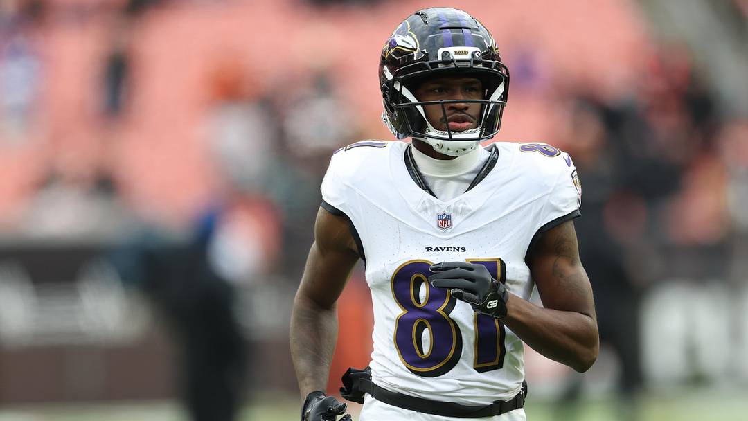 Nov 16, 2025; Cleveland, Ohio, USA;  Baltimore Ravens wide receiver Devontez Walker (81) warms up before a game against the Cleveland Browns at Huntington Bank Field. Mandatory Credit: Scott Galvin-Imagn Images