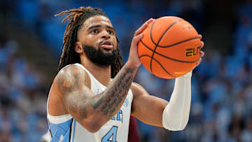 Nov 4, 2024; Chapel Hill, North Carolina, USA;  North Carolina Tar Heels guard RJ Davis (4) shoots a free throw in the second half at Dean E. Smith Center. Mandatory Credit: Bob Donnan-Imagn Images