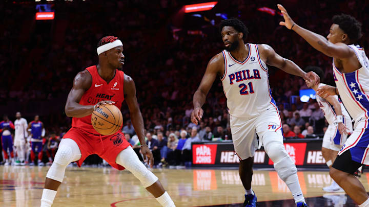 Joel Embiid and Kyle Lowry defend Jimmy Butler during the Miami Heat - Philadelphia 76ers game on Monday. Joel Embiid and Kyle Lowry defend Jimmy Butler during the Miami Heat - Philadelphia 76ers game on Monday.
