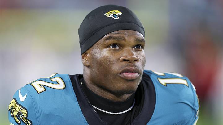Oct 6, 2025; Jacksonville, Florida, USA; Jacksonville Jaguars wide receiver Travis Hunter (12) looks on before a game against the Kansas City Chiefs at EverBank Stadium. Mandatory Credit: Nathan Ray Seebeck-Imagn Images