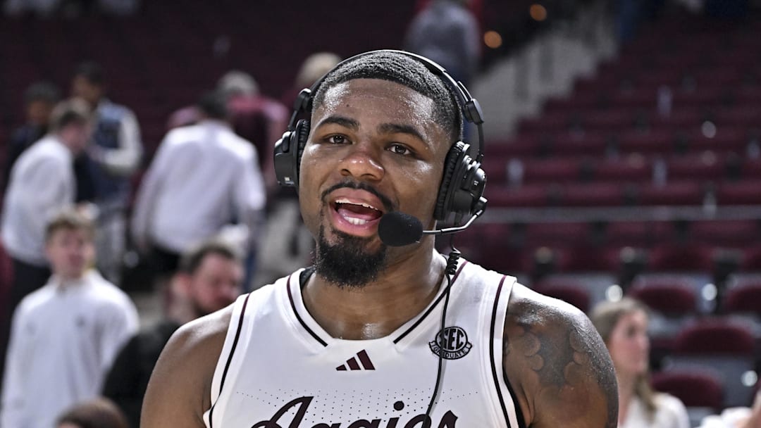 Jan 21, 2026; College Station, Texas, USA; Texas A&M Aggies forward Rashaun Agee (12) speaks during a post game interview after the win over Mississippi State Bulldogs at Reed Arena. Mandatory Credit: Maria Lysaker-Imagn Images 