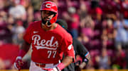 Cincinnati Reds right fielder Rece Hinds (77) rounds second base after hitting his second home run of the game in the sixth inning of the MLB National League game between the Cincinnati Reds and the Miami Marlins at Great American Ball Park in downtown Cincinnati on Saturday, July 13, 2024. The Reds led 1-0 after two innings. The Reds won 10-6.