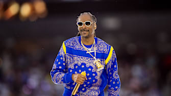 Feb 13, 2022; Inglewood, CA, USA; Snoop Dogg performs during the halftime show for Super Bowl LVI between the Los Angeles Rams and the Cincinnati Bengals at SoFi Stadium. Mandatory Credit: Mark J. Rebilas-Imagn Images