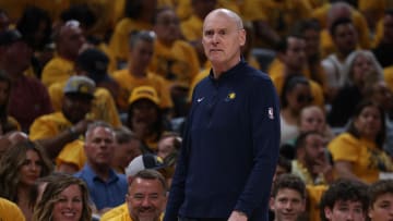 May 25, 2024; Indianapolis, Indiana, USA; Indiana Pacers head coach Rick Carlisle reacts during the third quarter of game three of the eastern conference finals against the Boston Celtics in the 2024 NBA playoffs at Gainbridge Fieldhouse. Mandatory Credit: Trevor Ruszkowski-USA TODAY Sports
