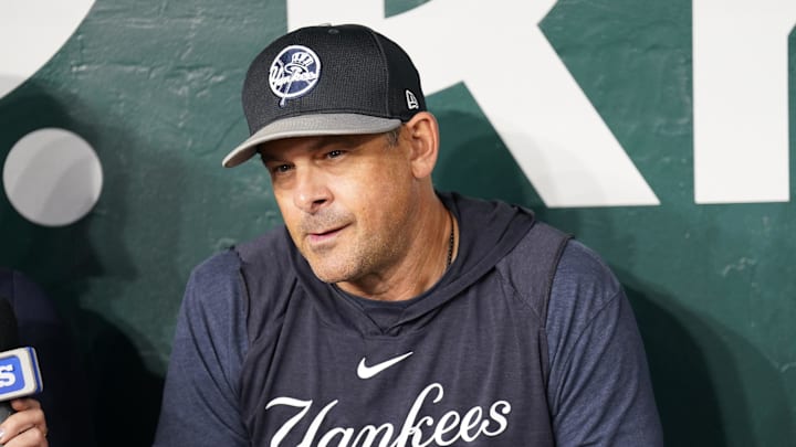 Sep 3, 2024; Arlington, Texas, USA; New York Yankees manager Aaron Boone speaks with reporters before the game against the Texas Rangers at Globe Life Field. Mandatory Credit: Jim Cowsert-Imagn Images