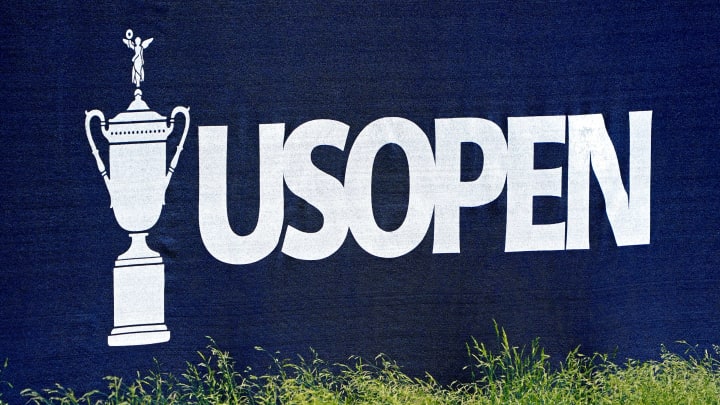 Jun 15, 2022; Brookline, Massachusetts, USA; A view of the US open signage during a practice round
