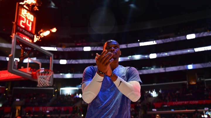 Oct 31, 2023; Los Angeles, California, USA; Los Angeles Clippers guard Russell Westbrook (0) is introduced before playing against the Orlando Magic at Crypto.com Arena. Mandatory Credit: Gary A. Vasquez-USA TODAY Sports