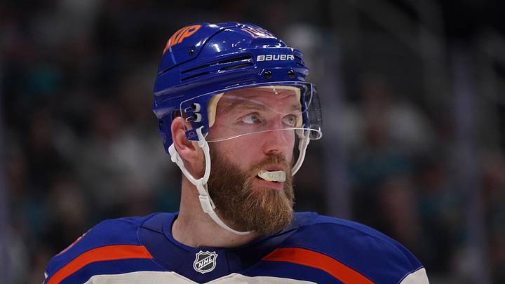 Oct 10, 2026; San Jose, California, USA;  Edmonton Oilers defenseman Mattias Ekholm (14) waits for play to resume against the San Jose Sharks in the second period at SAP Center in San Jose. Mandatory Credit: David Gonzales-Imagn Images
