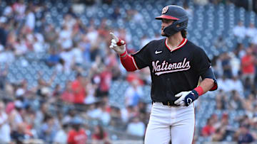 Aug 28, 2024; Washington, District of Columbia, USA; Washington Nationals center fielder Dylan Crews (3) gestures to the crowd hitting after first career home run against the New York Yankees during the first inning at Nationals Park.