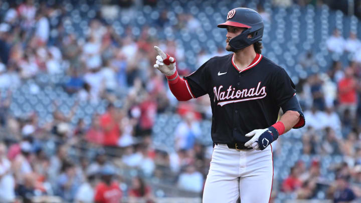 Aug 28, 2024; Washington, District of Columbia, USA; Washington Nationals center fielder Dylan Crews (3) gestures to the crowd hitting after first career home run against the New York Yankees during the first inning at Nationals Park.