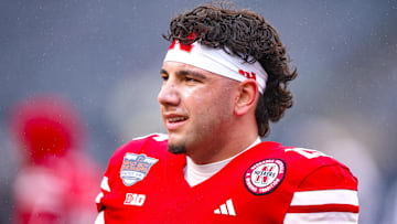 Dec 28, 2024; Bronx, NY, USA; Nebraska Cornhuskers quarterback Dylan Raiola (15) looks on before the game against the Boston College Eagles at Yankee Stadium.