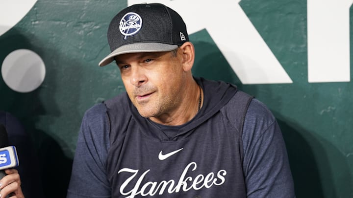 Sep 3, 2024; Arlington, Texas, USA; New York Yankees manager Aaron Boone speaks with reporters before the game against the Texas Rangers at Globe Life Field. Mandatory Credit: Jim Cowsert-Imagn Images