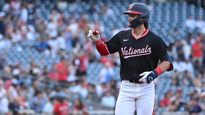 Aug 28, 2024; Washington, District of Columbia, USA; Washington Nationals center fielder Dylan Crews (3) gestures to the crowd hitting after first career home run against the New York Yankees during the first inning at Nationals Park.