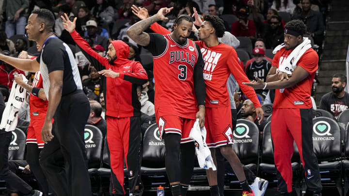 The Chicago Bulls bench including center Andre Drummond (3) react during the game against the Atlanta Hawks during the second half at State Farm Arena. Mandatory Credit: 