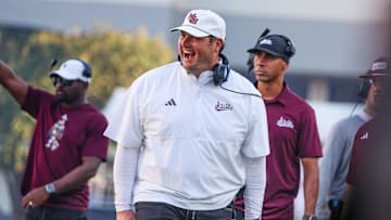 Mississippi State Bulldogs head coach Jeff Lebby reacts during the second half against the Tennessee Volunteers at Davis Wade Stadium at Scott Field.