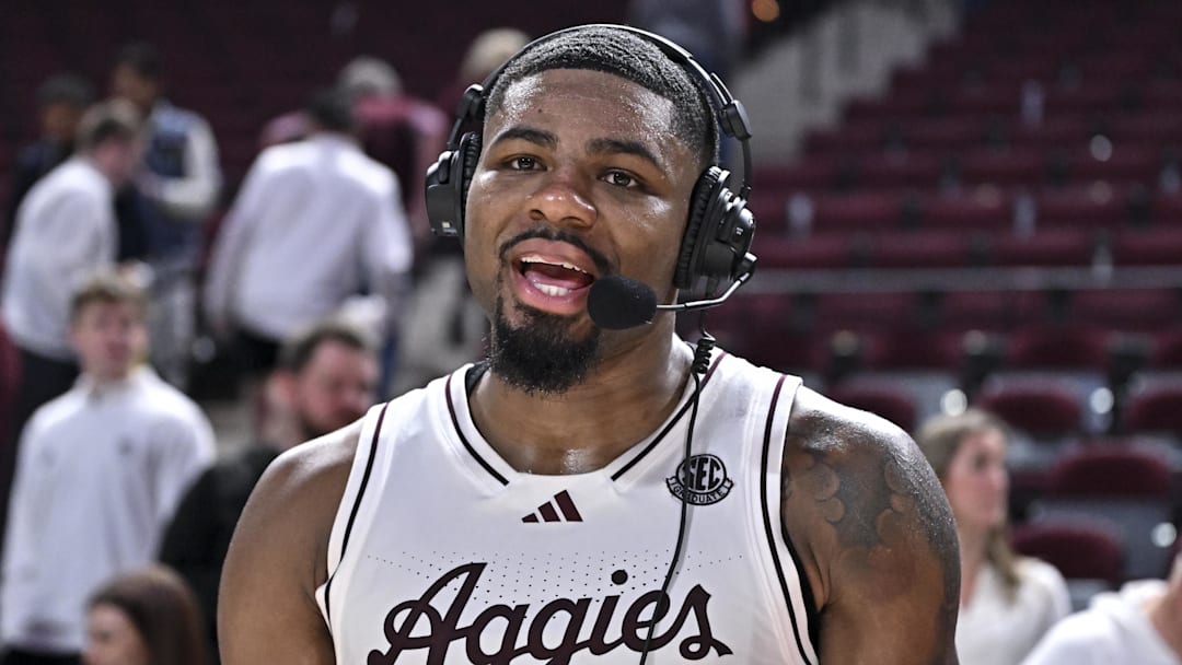 Jan 21, 2026; College Station, Texas, USA; Texas A&M Aggies forward Rashaun Agee (12) speaks during a post game interview after the win over Mississippi State Bulldogs at Reed Arena. Mandatory Credit: Maria Lysaker-Imagn Images 