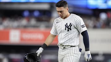 Jun 4, 2025; Bronx, New York, USA;  New York Yankees shortstop Anthony Volpe (11) walks back to the field after hitting into an inning ending double play in the seventh inning against the Cleveland Guardians at Yankee Stadium. 